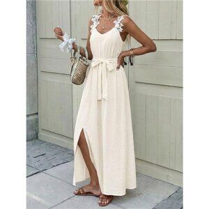 Lace Trimmed Slit Maxi Dress